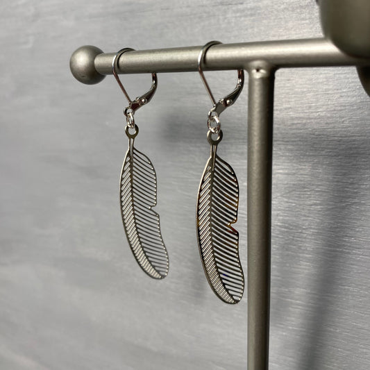 Silver Feather Engraved Earrings